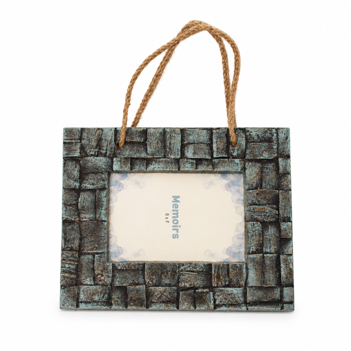 Blue and grey textured wooden hanging photo frame on white background hoWme