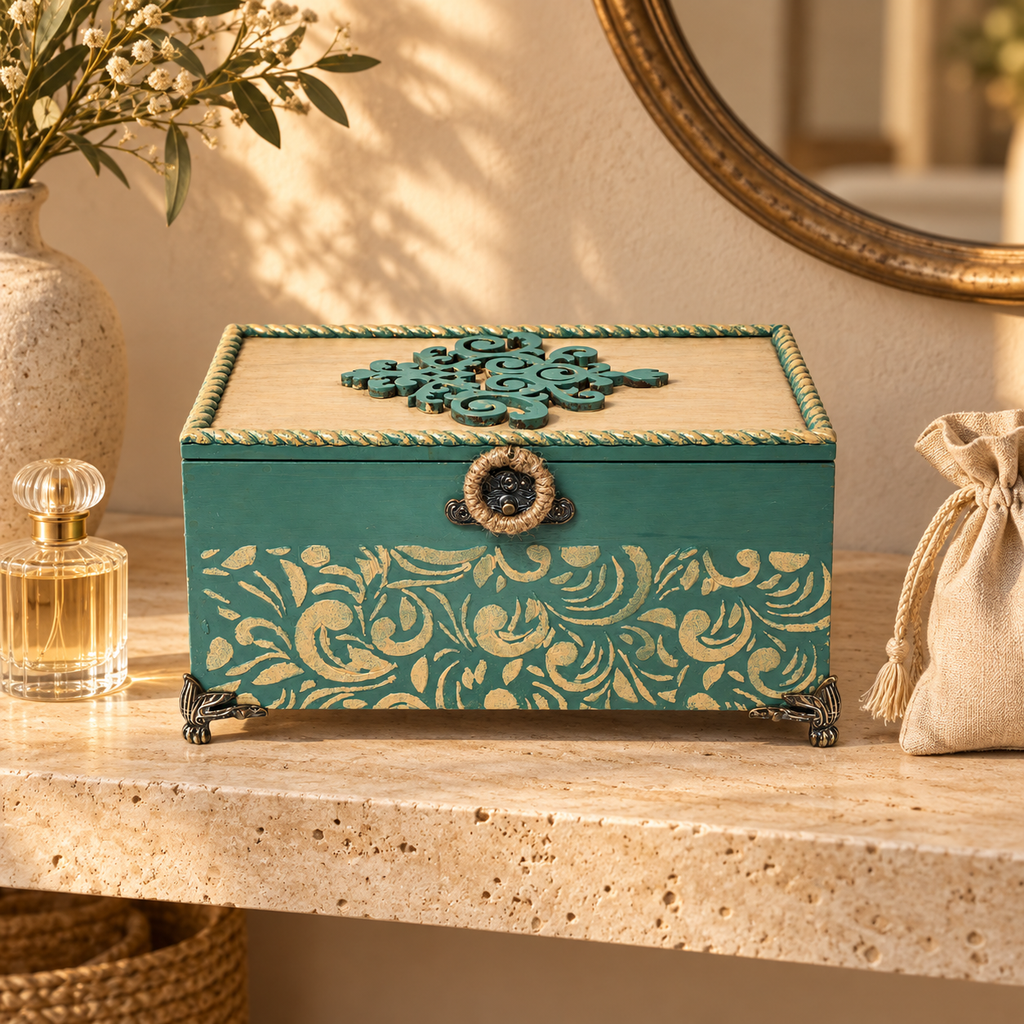 Blue multipurpose wooden storage box with brass detail for table or shelf decor – hoWme