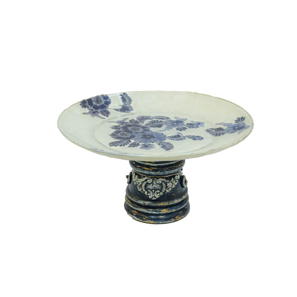 Blue and white wood and glass cake stand – detail view for table or shelf décor – hoWme