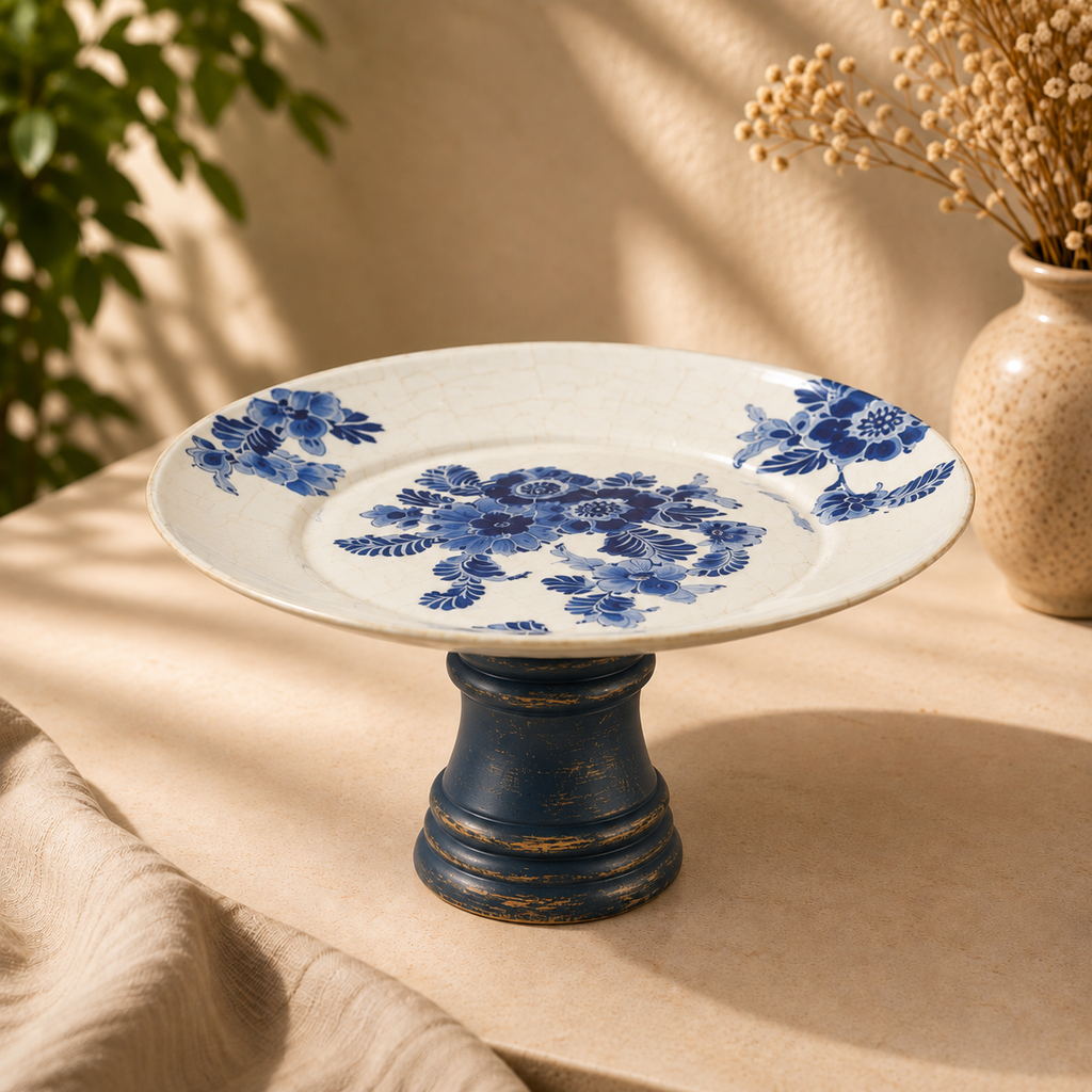 Blue and white wood and glass cake stand – styled view for table or shelf décor – hoWme