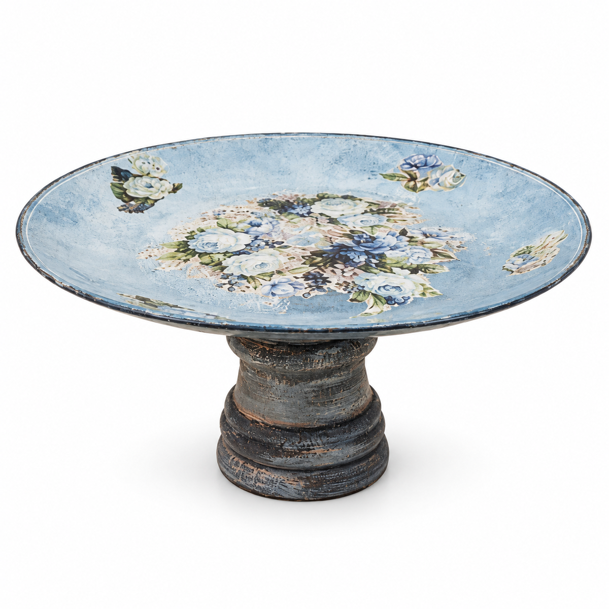 Blue handcrafted wood and glass cake stand for table or shelf décor – hoWme