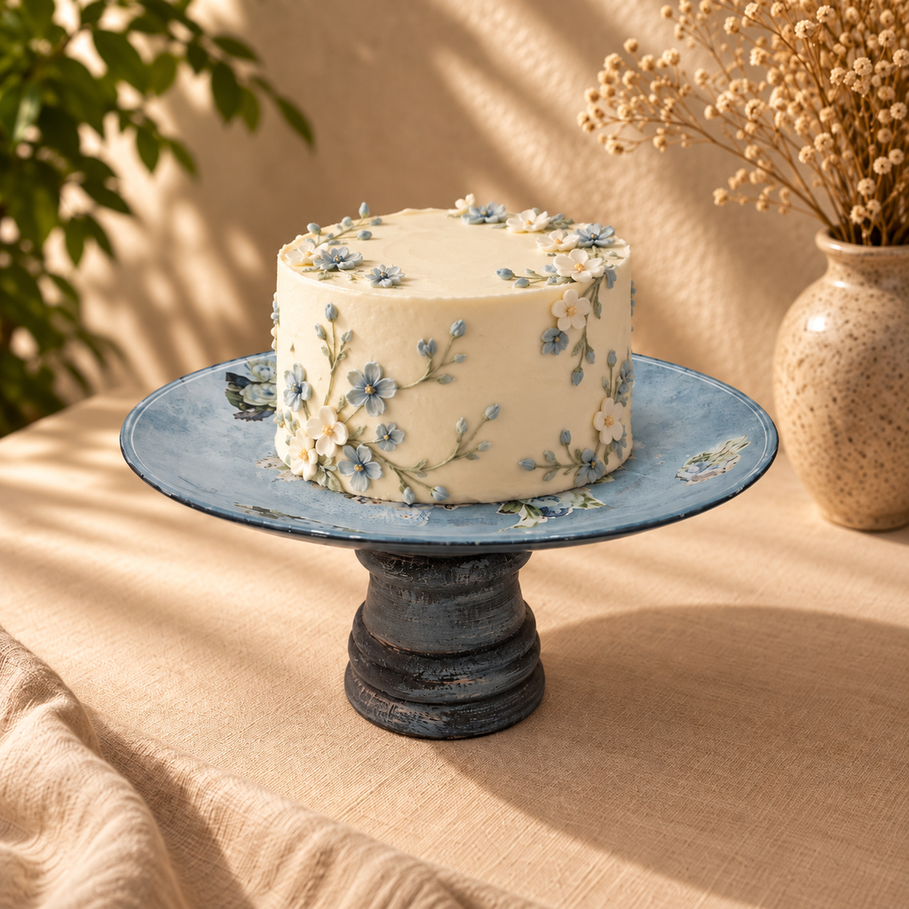 Blue wood and glass cake stand styled with a cake for table or shelf décor – hoWme