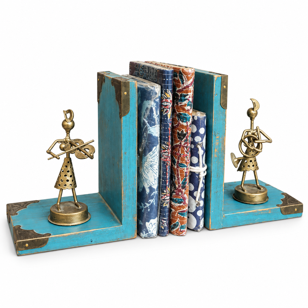 Blue wooden musician bookends with metal figurines on white background, angled view for table or shelf décor – hoWme