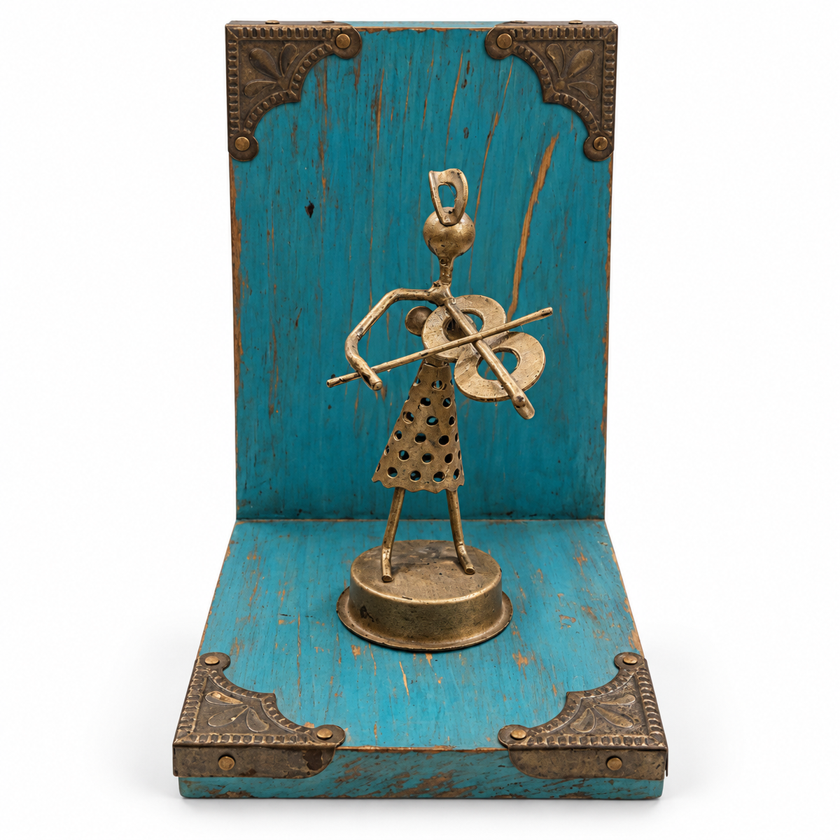 Blue wooden musician bookends with metal figurines on white background, front close-up for table or shelf décor – hoWme