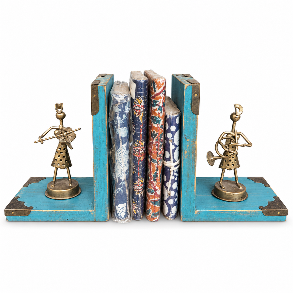 Blue wooden musician bookends with metal figurines on white background, front view for table or shelf décor – hoWme