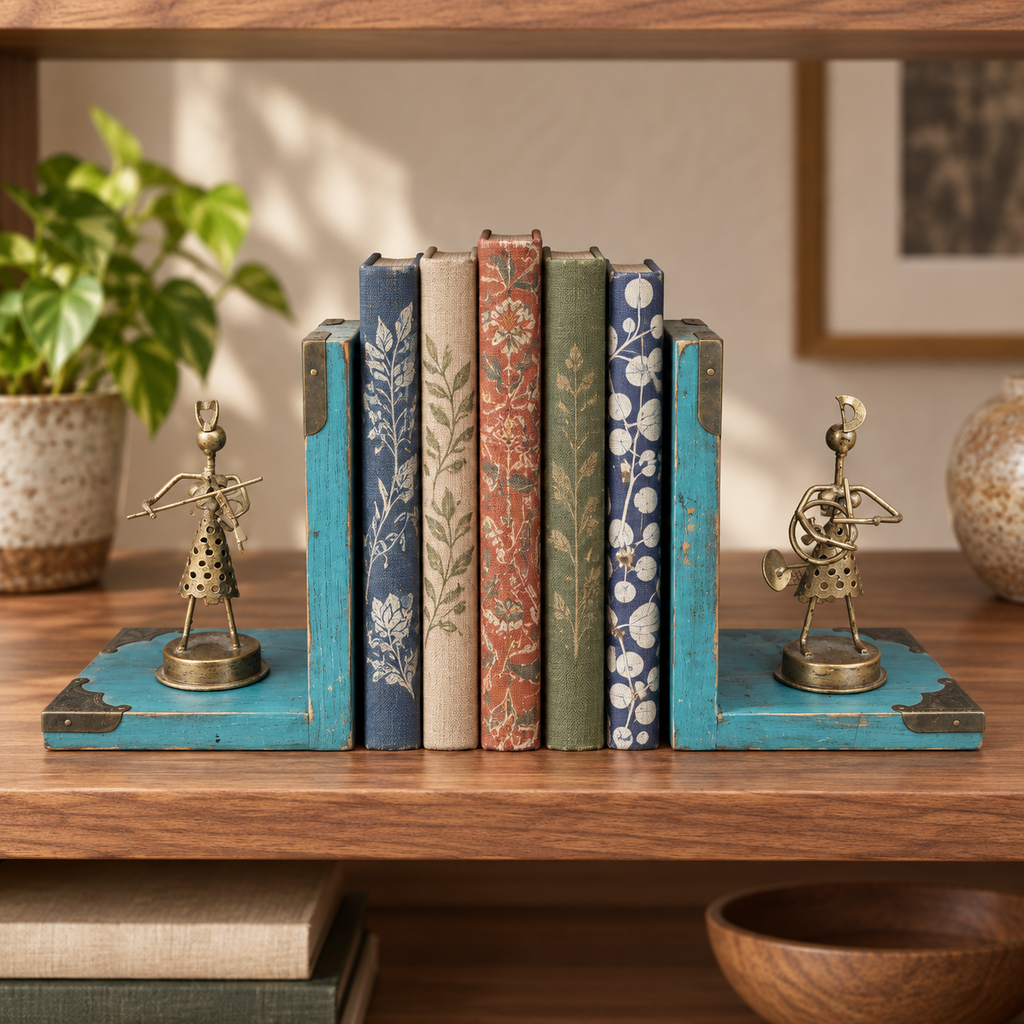 Blue wooden musician bookends with metal figurines for table or shelf décor – hoWme