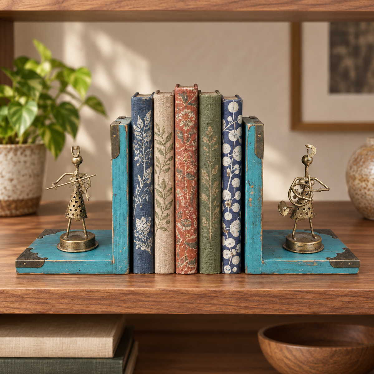 Blue wooden musician bookends with metal figurines for table or shelf décor – hoWme