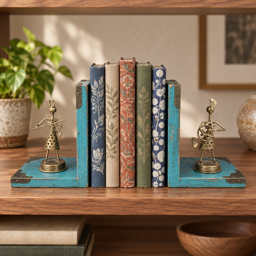 Blue wooden musician bookends with metal figurines for table or shelf décor – hoWme