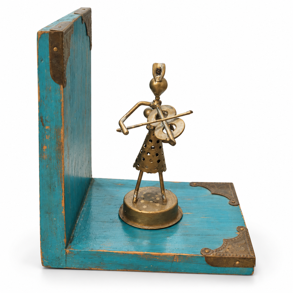 Blue wooden musician bookends with metal figurines on white background, side view for table or shelf décor – hoWme