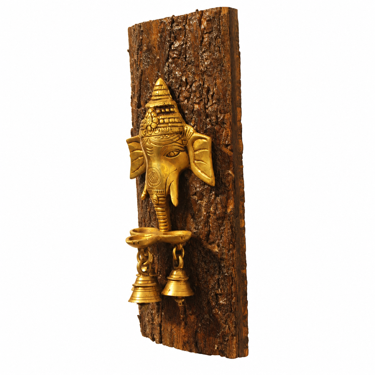 Handcrafted brass Ganesha diya on a natural wood log, angled wall decor view. hoWme