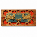 Handcrafted brass Nandi cow wall plaque on painted wood with lotus detail – hoWme