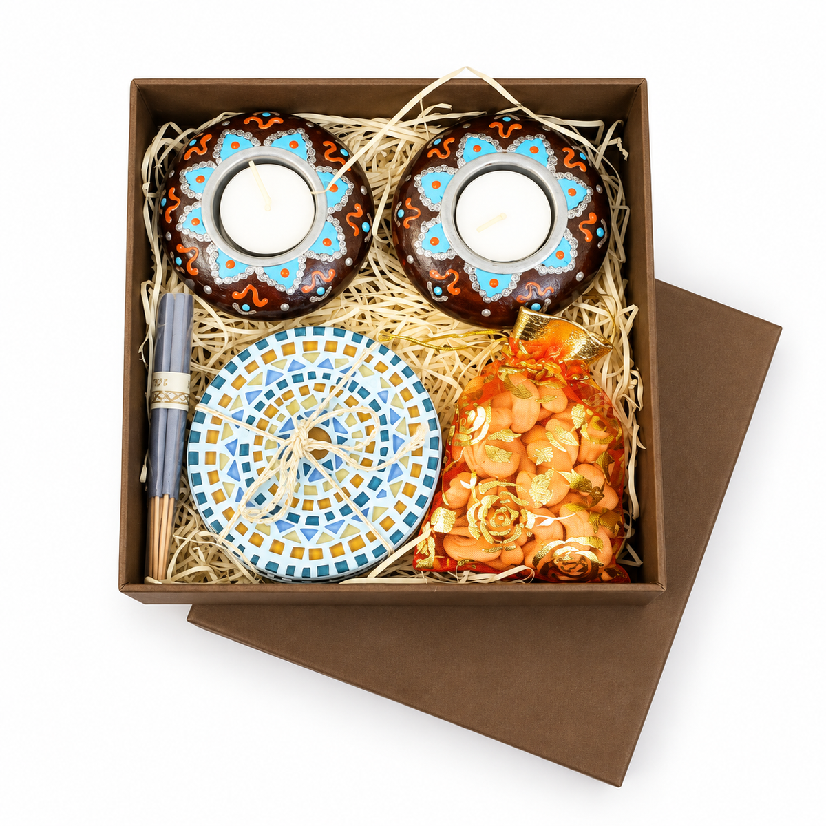 Brown and blue tealight mosaic gift box on white background - hoWme