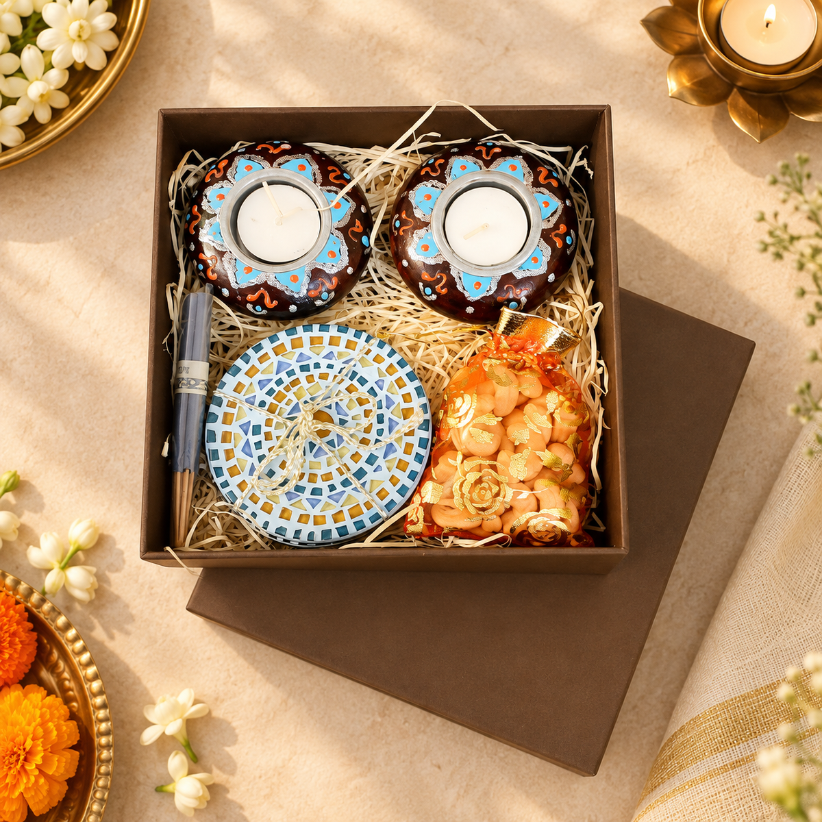 Brown and blue tealight mosaic gift box styled for gifting - hoWme