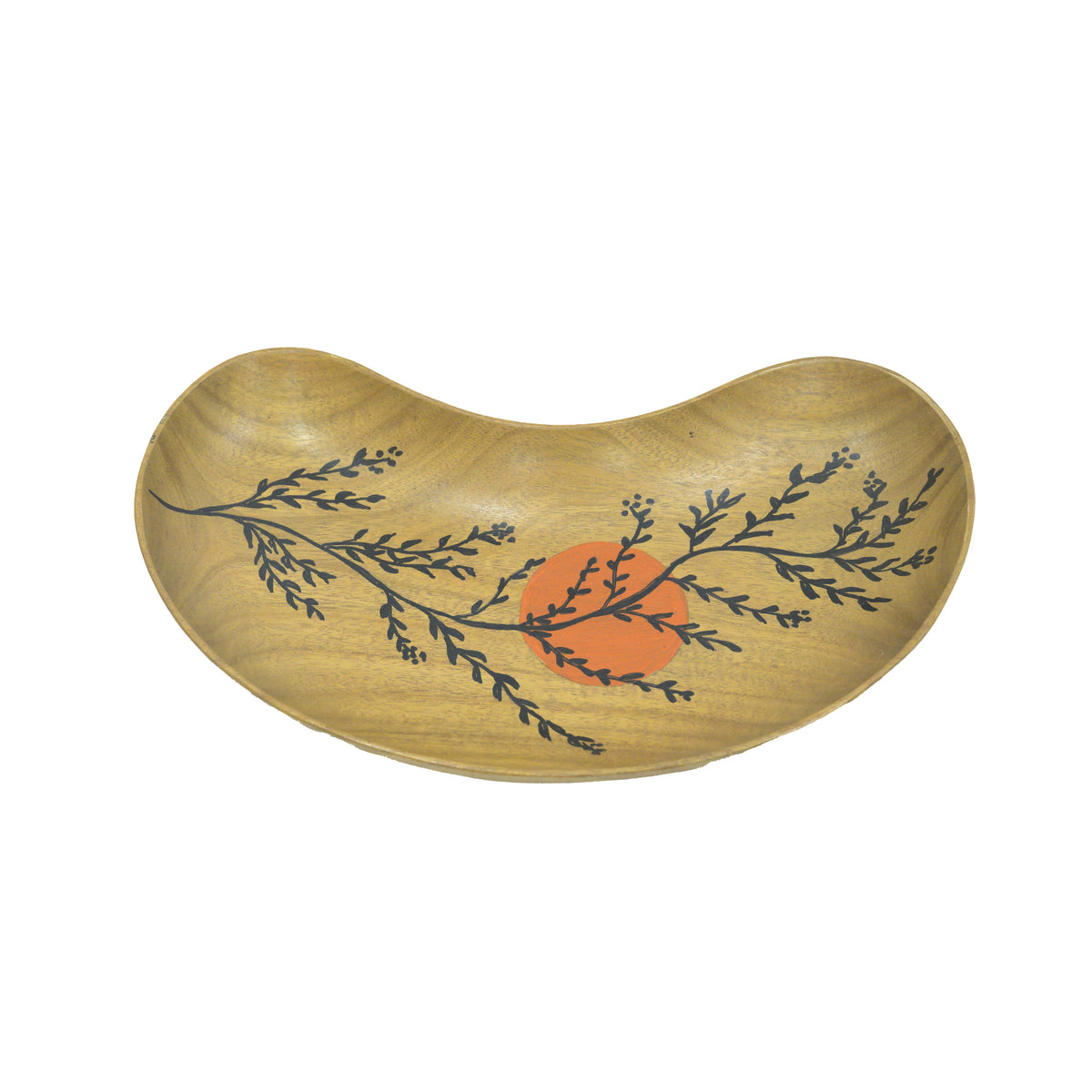 Brown botanical wooden serving tray with orange sun design on white background hoWme