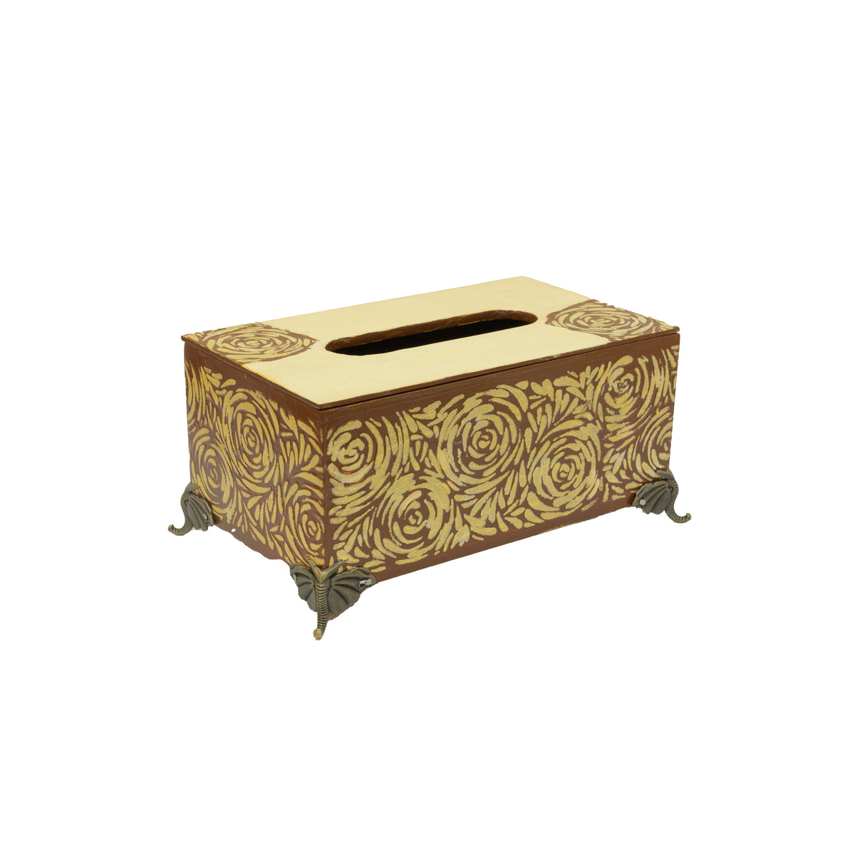 Brown and off-white floral MDF tissue holder with brass feet on a white background – hoWme