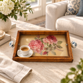 Brown wooden serving tray with rose print styled with a teacup hoWme