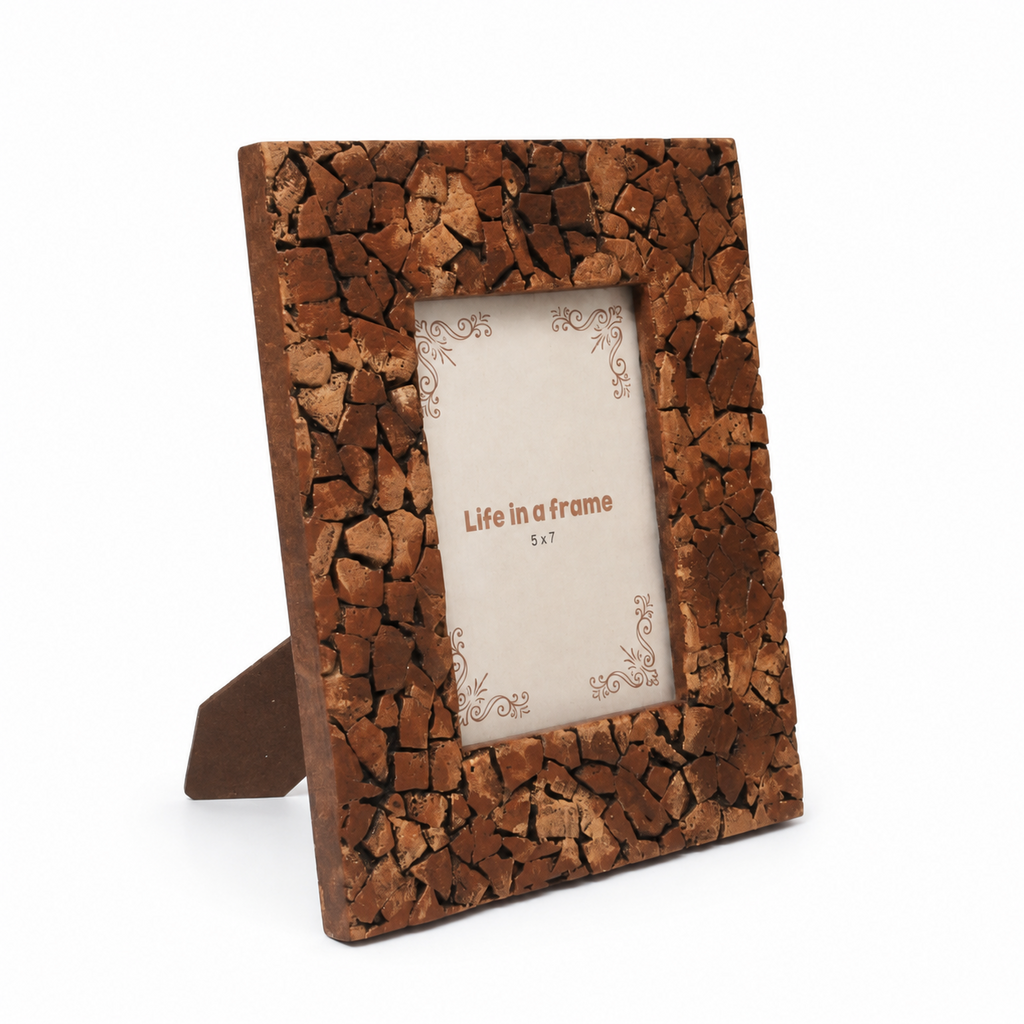 Brown textured wooden photo frame shown at an angle on white background hoWme