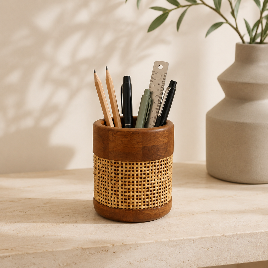 Brown wooden pen stand with cane detail – styled view for table or shelf décor – hoWme