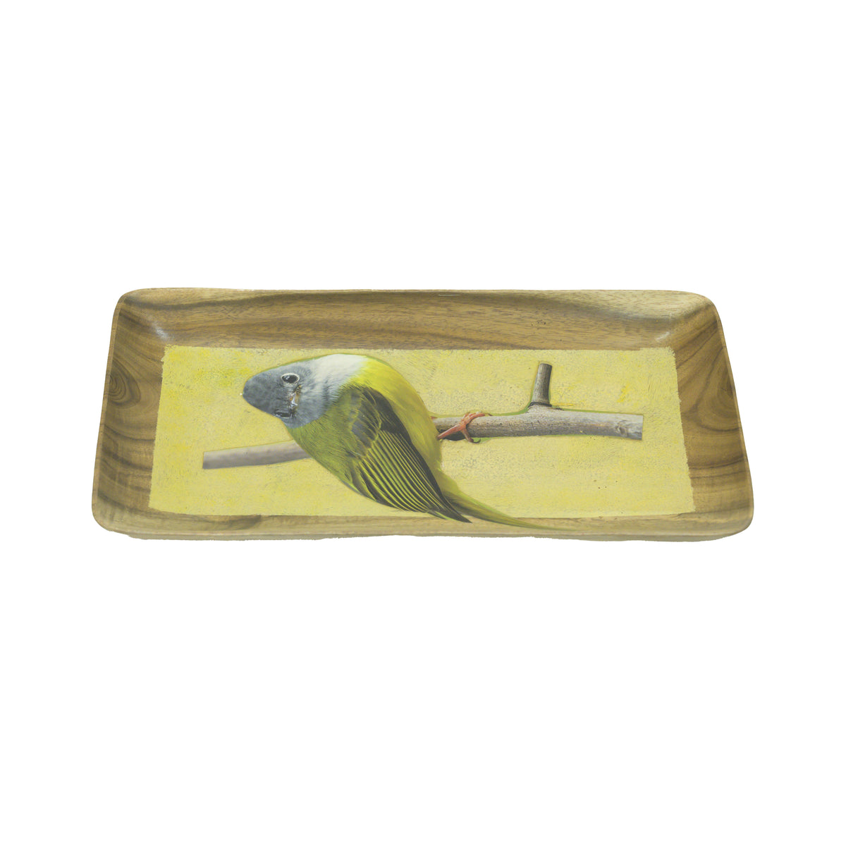 Brown and yellow bird print wooden serving tray on white background hoWme