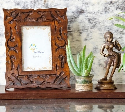 Handcrafted Carved brown wooden photo frame for table or shelf décor – hoWme