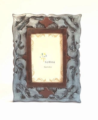 Handcrafted Carved grey wooden photo frame with distressed finish for table or shelf décor – hoWme