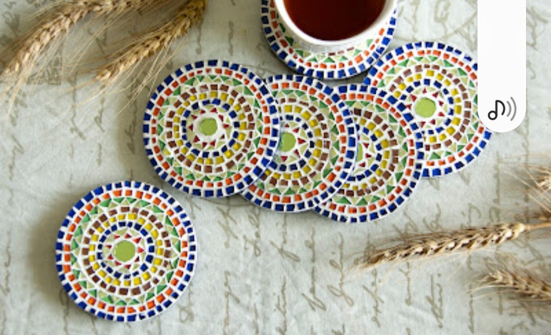 Multicolour circular mosaic MDF coasters set of six - hoWme