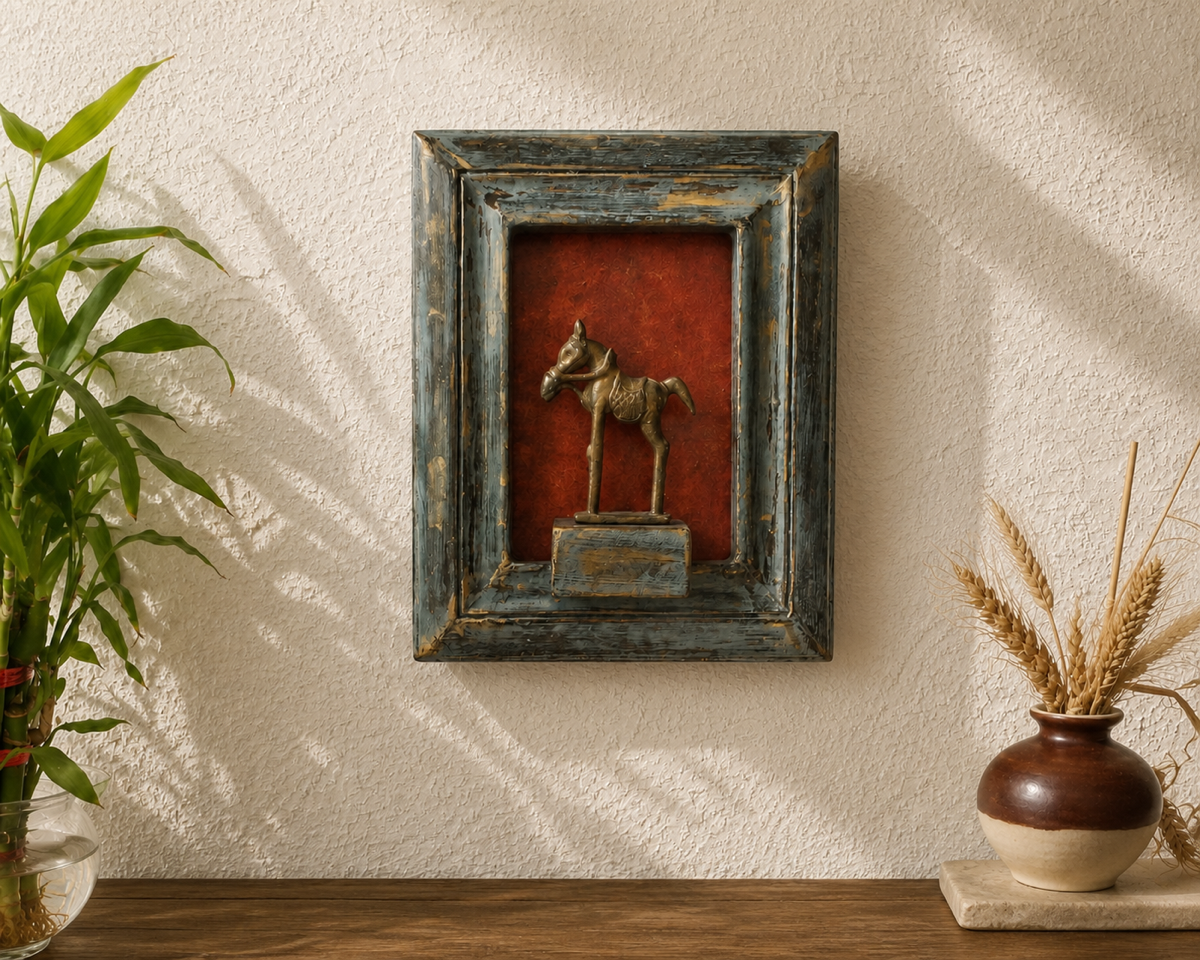 Curated handcrafted brass horse wall accent in a distressed wooden frame – hoWme