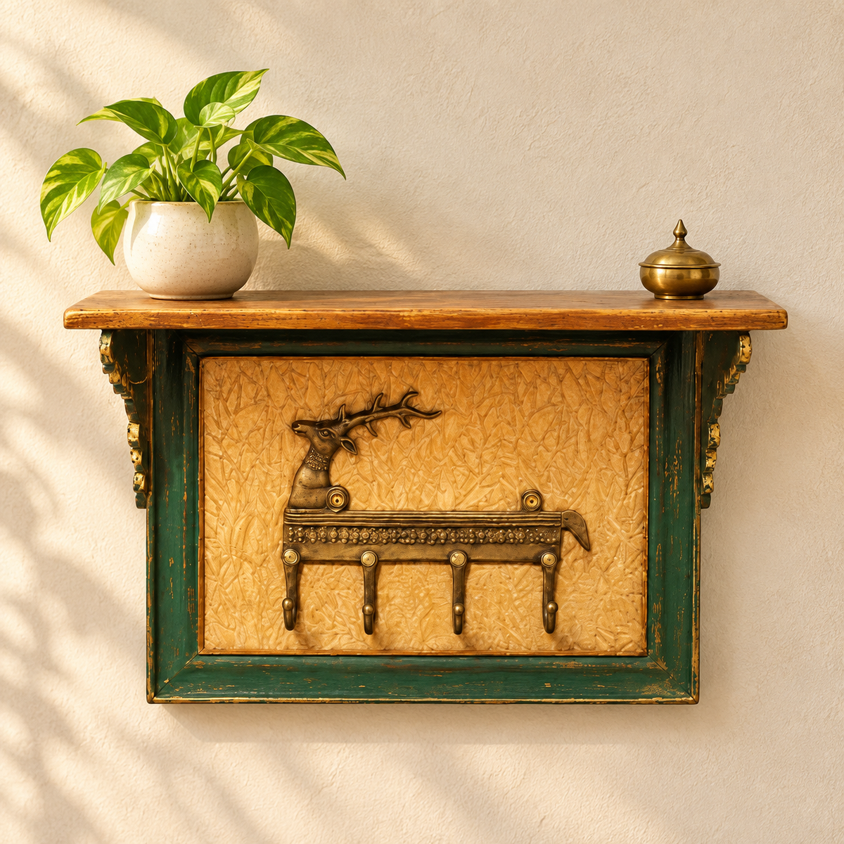 Green deer motif wall shelf styled with a potted plant and brass accent. hoWme