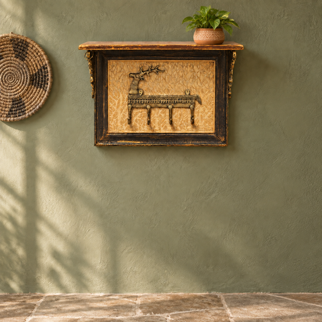 Deer motif wall shelf styled on a sage wall with a planter. hoWme