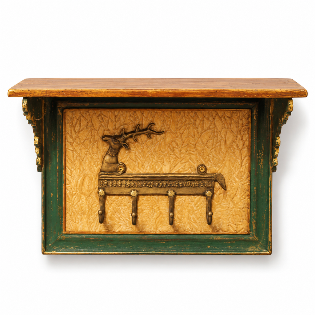 Green and gold wooden wall shelf with brass deer motif and key hooks on a white background, hoWme.