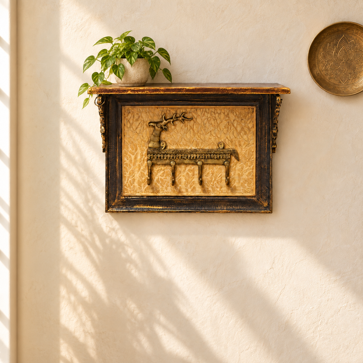 Antique finish wooden deer wall shelf with key hooks styled on an ivory wall, hoWme.