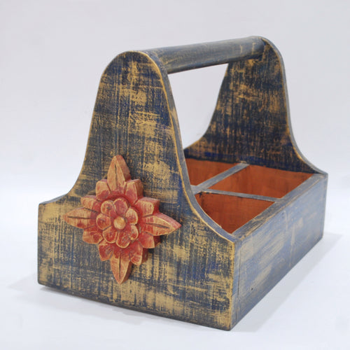 Distressed blue wooden organiser caddy with floral accent - hoWme