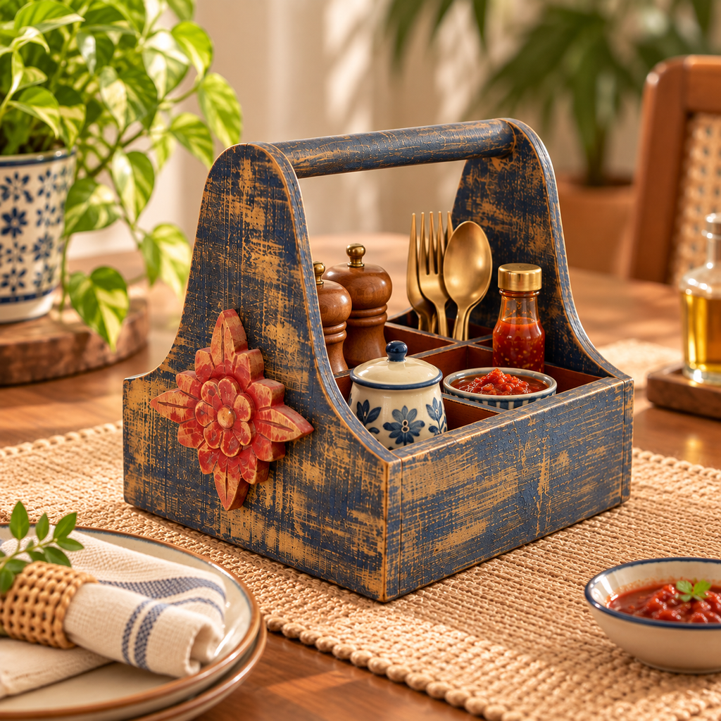 Distressed blue wooden organiser caddy styled with cutlery and condiments – hoWme