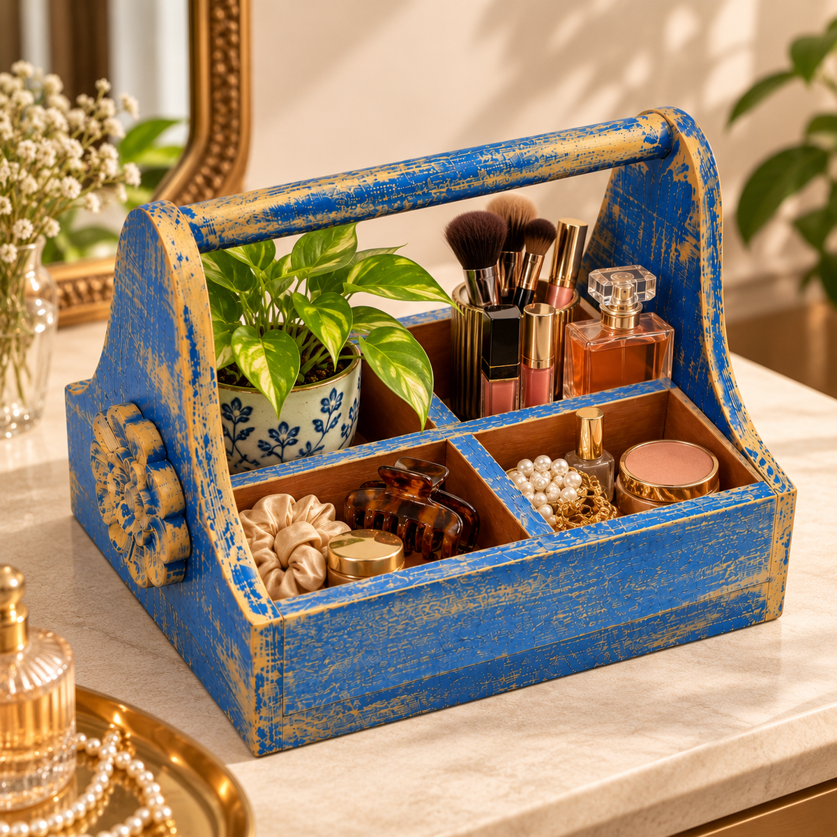 Distressed blue wooden organiser caddy styled with plant and table essentials - hoWme