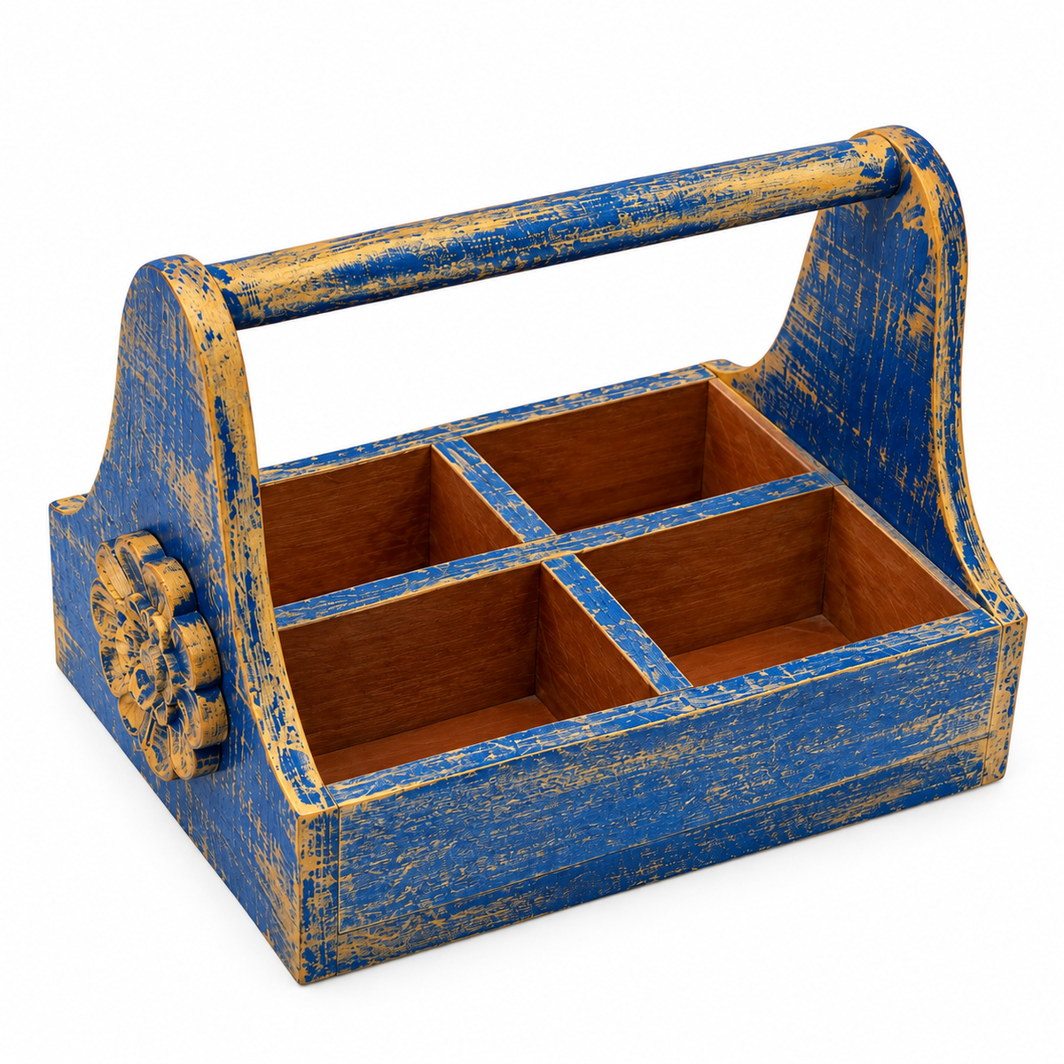 Distressed blue wooden compartment organiser caddy on white background - hoWme