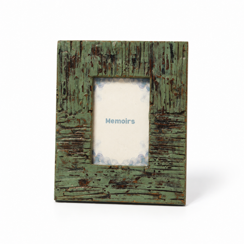 Distressed blue wooden photo frame with glass on white background hoWme