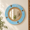Distressed blue wooden wall mirror with jute detail styled on wall – hoWme