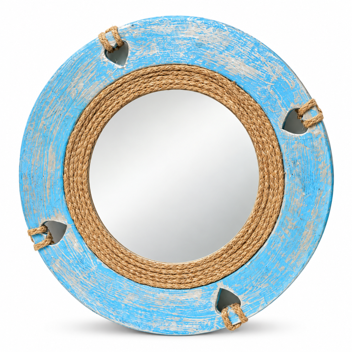 Distressed blue wooden wall mirror with jute detail on white background – hoWme