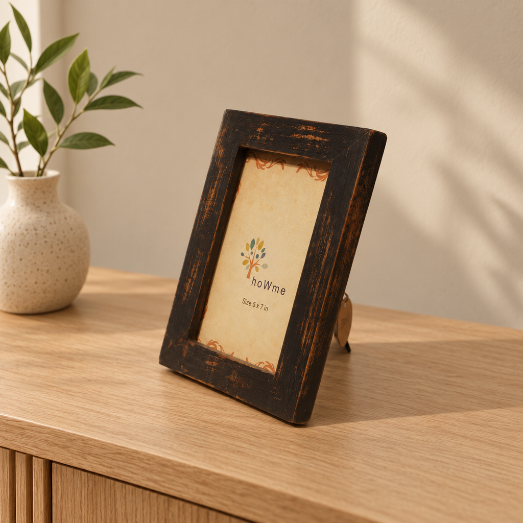Distressed grey wooden photo frame styled on a light wood console hoWme