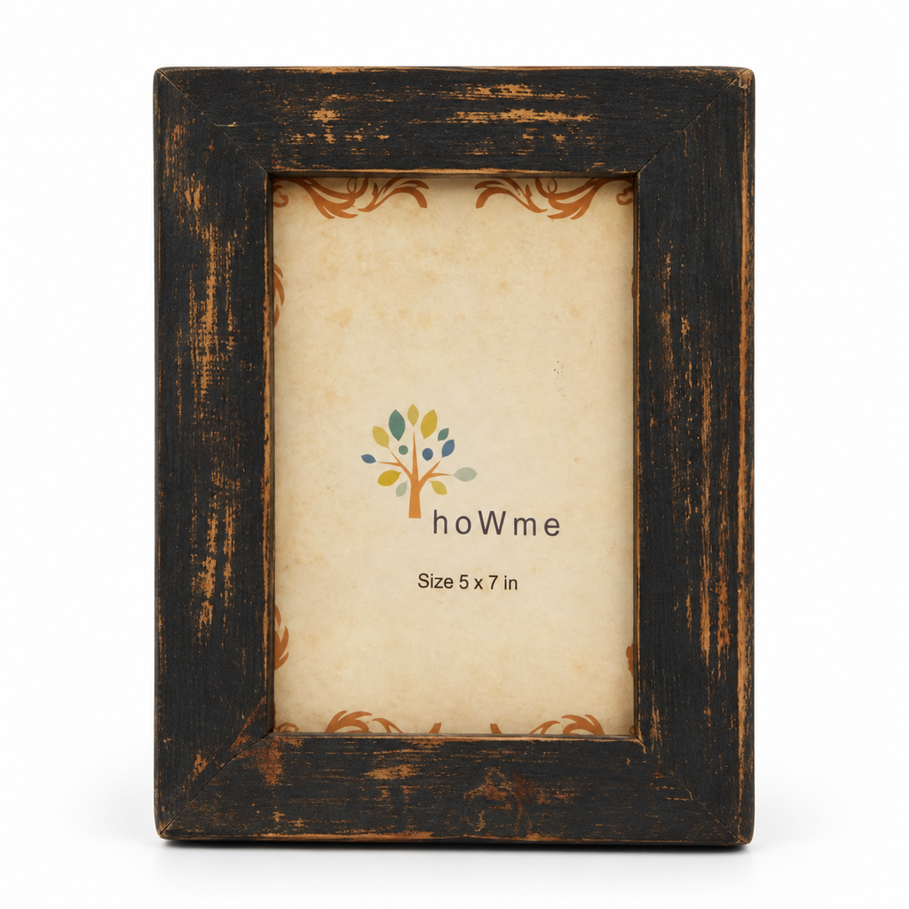 Distressed grey wooden photo frame front view on white background hoWme