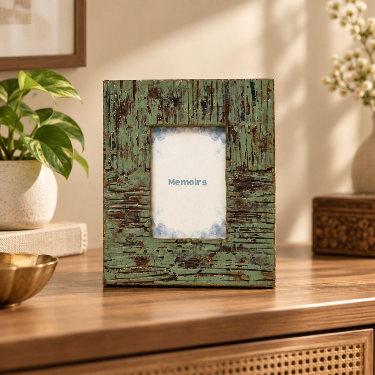 Distressed sage green wooden photo frame styled on a warm console hoWme