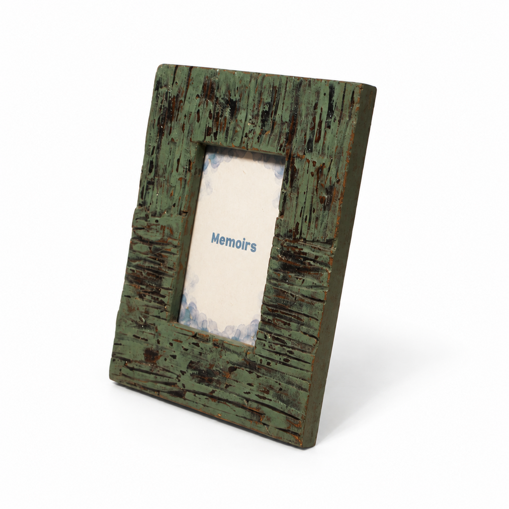 Distressed sage green wooden photo frame on a white background hoWme