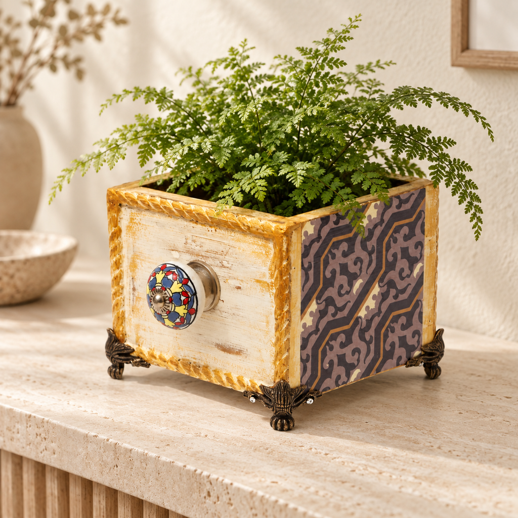 Handcrafted Blue decoupage planter lifestyle view for table or shelf décor – hoWme