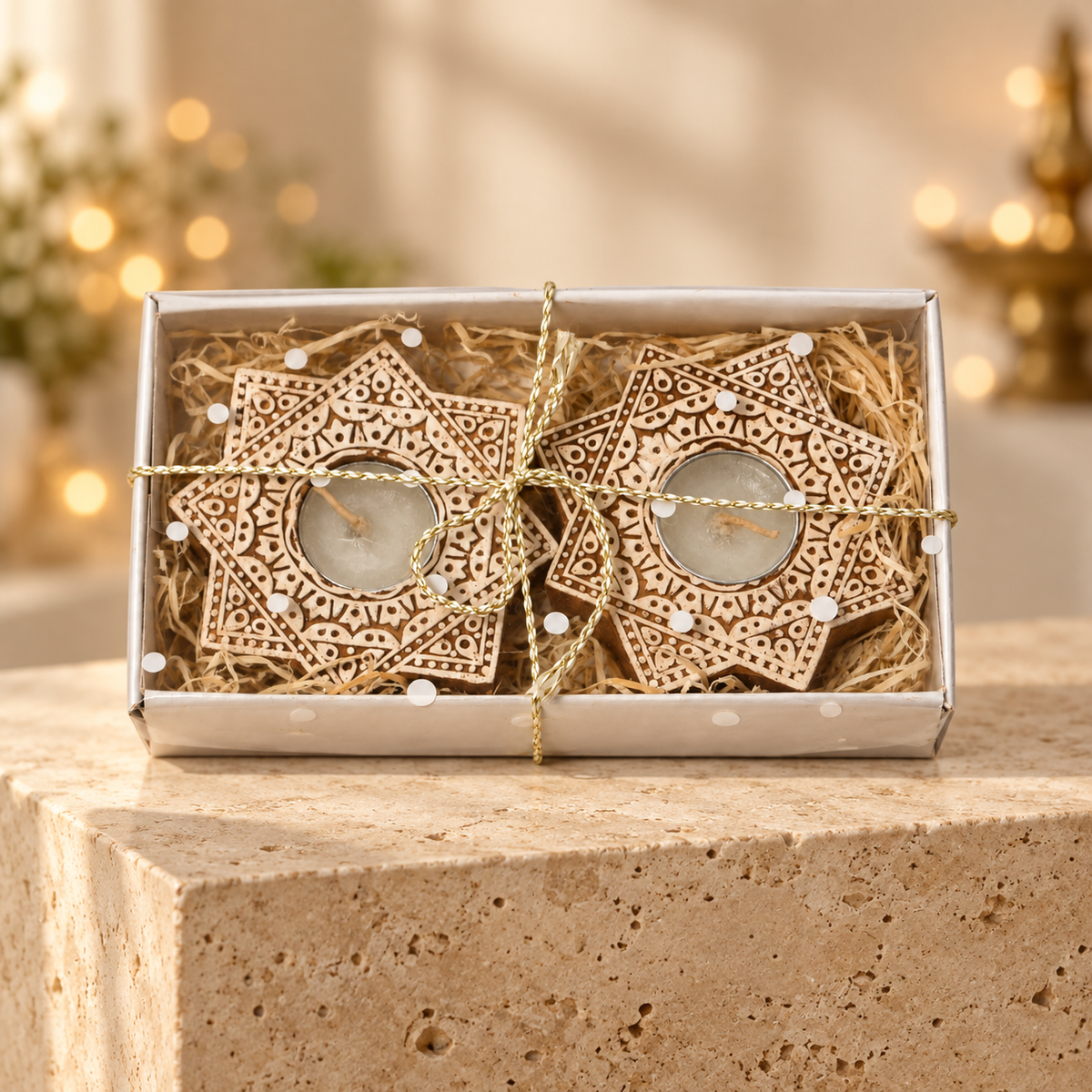 White wooden star diya with candles for table or shelf décor – hoWme