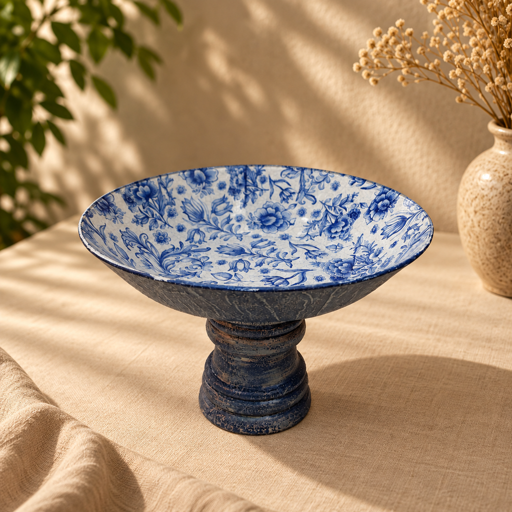 Blue wood and glass fruit bowl for table or shelf décor – hoWme