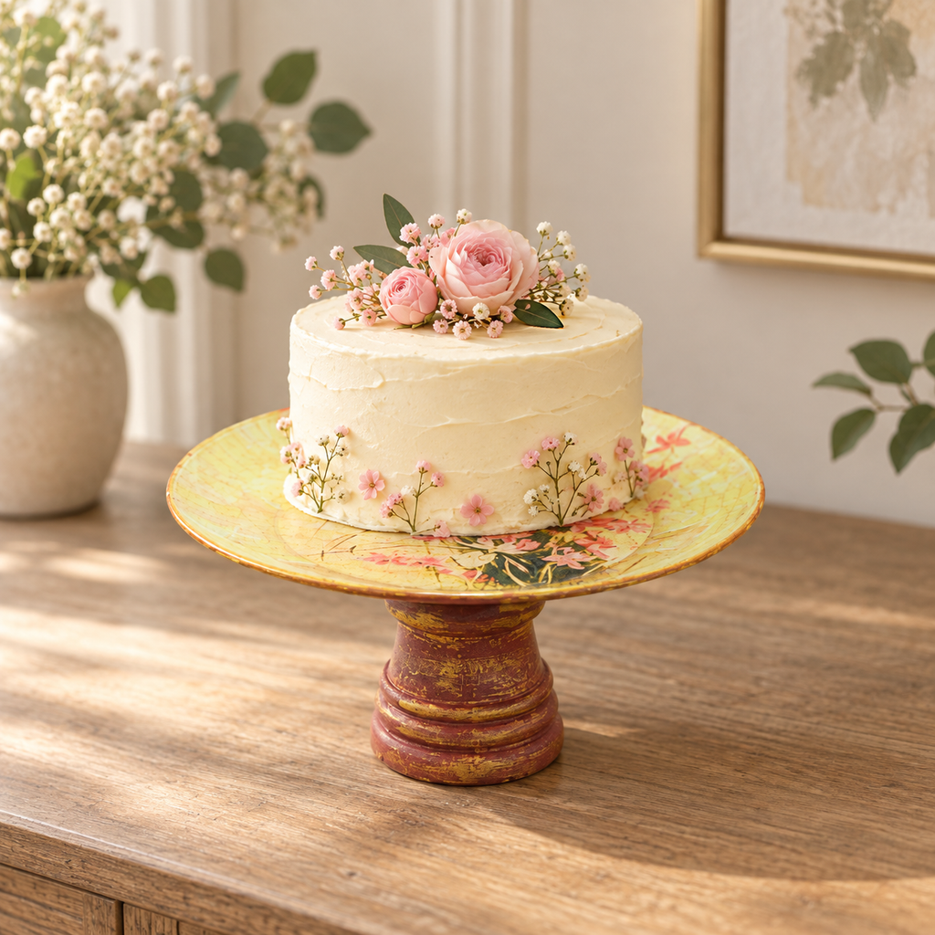 Yellow and red wood and glass cake stand for table or shelf décor – hoWme