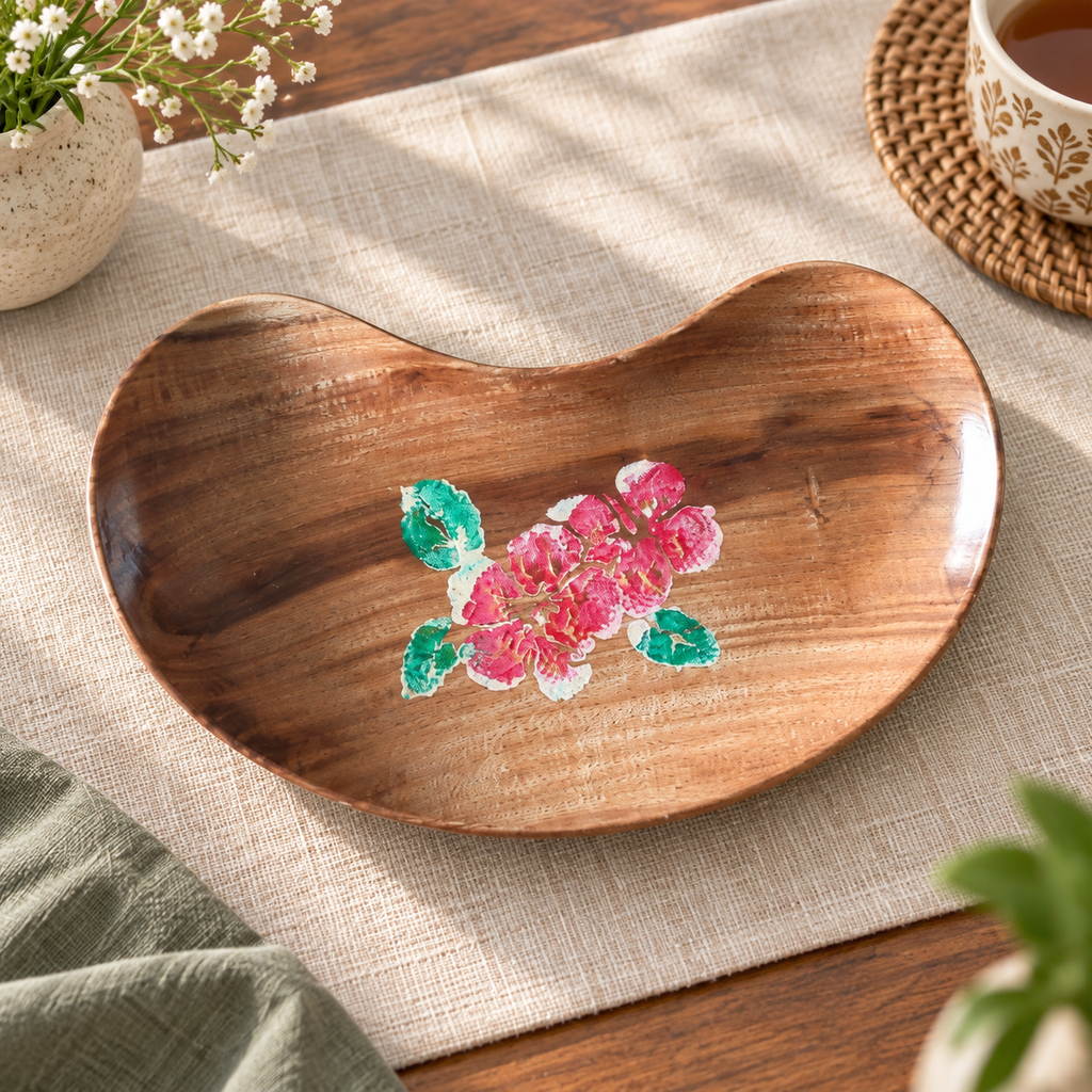 Brown bean shaped wooden tray with a pink floral detail, hoWme.