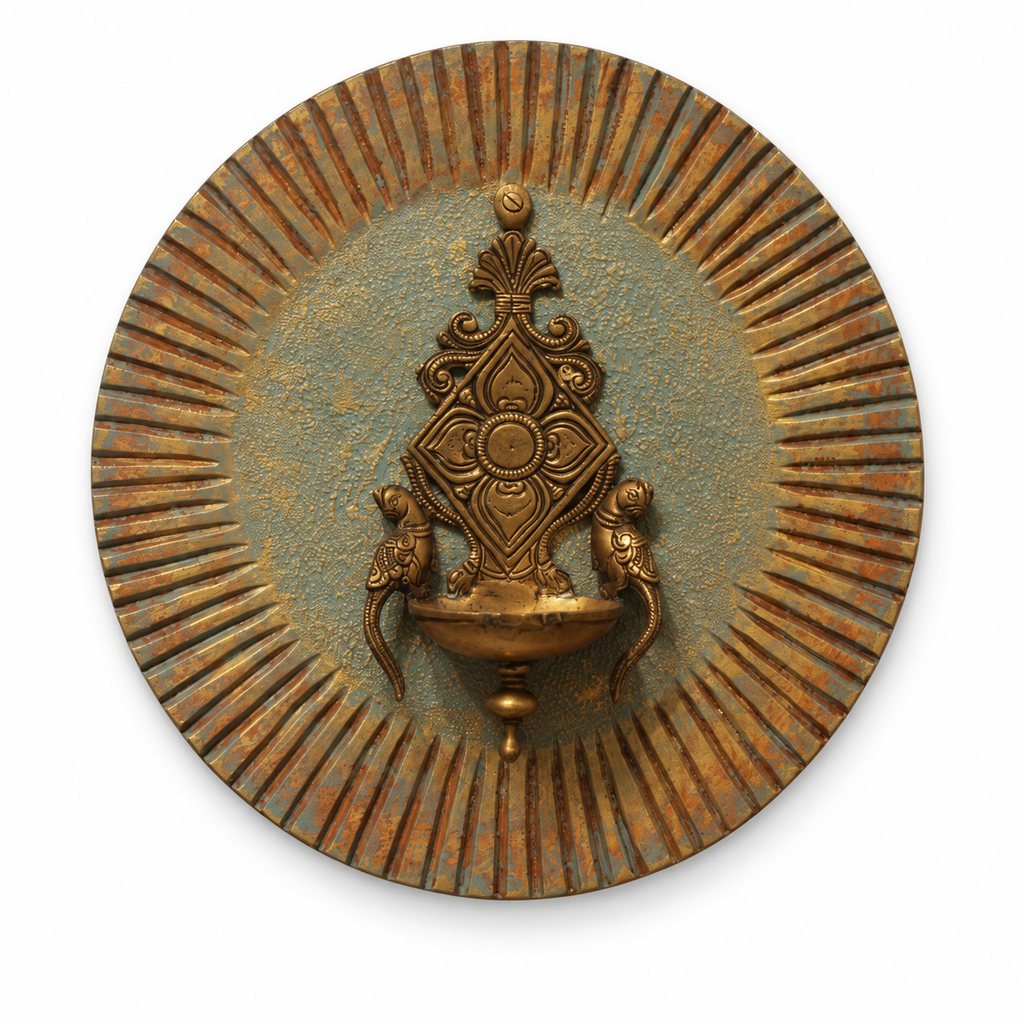 Blue and gold round wooden plate with a brass diya accent, hoWme.