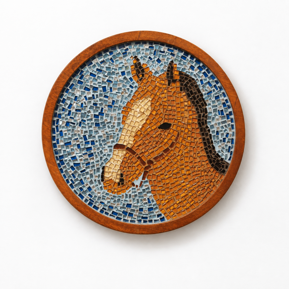 Blue and multicolour mosaic horse wall art on a wooden round base, hoWme.