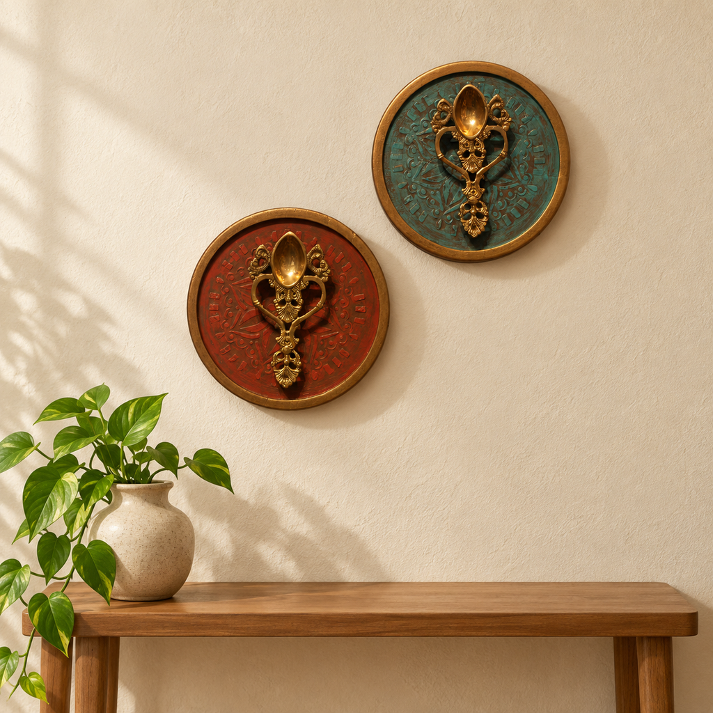 Handcrafted Blue and red framed brass camphor aarti duo wall decor – hoWme
